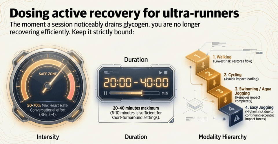 Active recovery dosing: 50-70% max heart rate, 20-40 minutes duration, modality hierarchy from walking to jogging