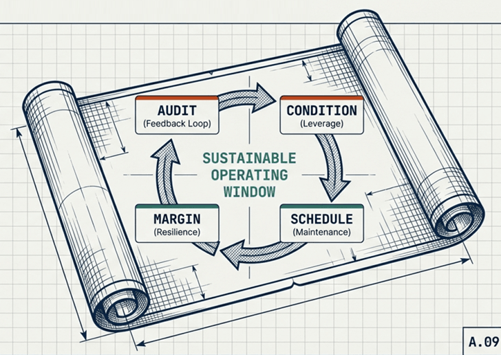 Blueprint-style diagram showing a cycle of five elements: Audit, Condition, Schedule, Margin, and Sustainable Operating Tensor in the center