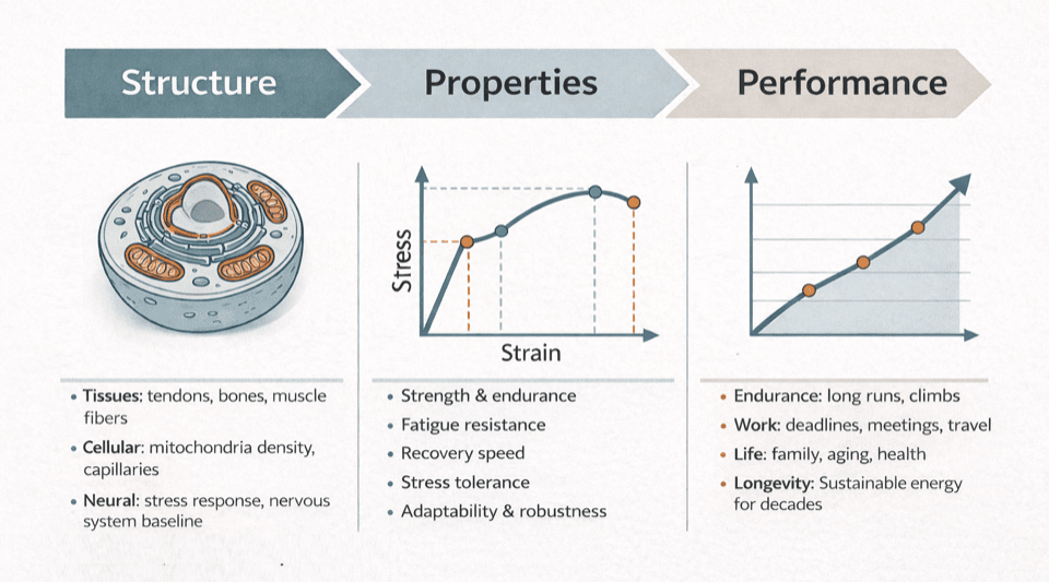 Three-column framework showing Structure (tissues, cellular, neural), Properties (strength, recovery speed, stress tolerance), and Performance (endurance, longevity) connected by arrows