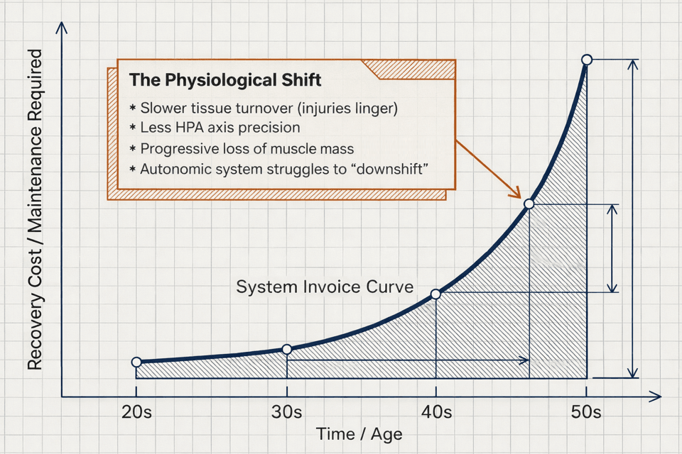 Graph showing recovery cost increasing exponentially with age from 20s through 50s, with annotations about slower tissue turnover, less HPA axis precision, progressive muscle loss, and autonomic downshift struggles