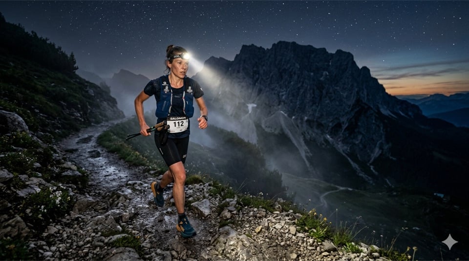 View of the ZUT course near Gamsalm at dawn, with fog in the valleys and the trail visible along the ridge